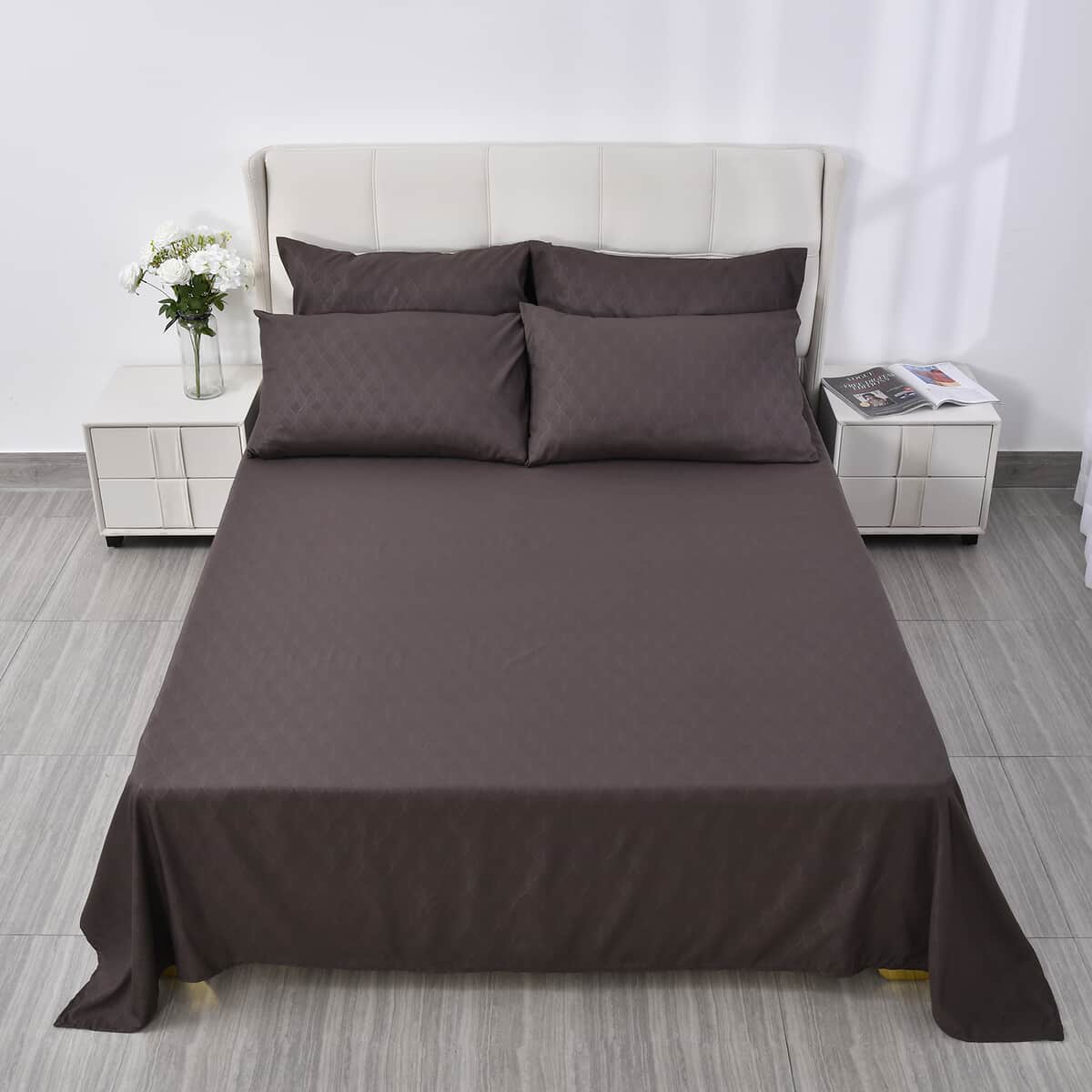 Homesmart Brown Embossed 6pcs Polyester Sheet Set - Queen, Bed Sheets, Fitted Sheet, Bed Sheet Set, Microfiber Sheets image number 1