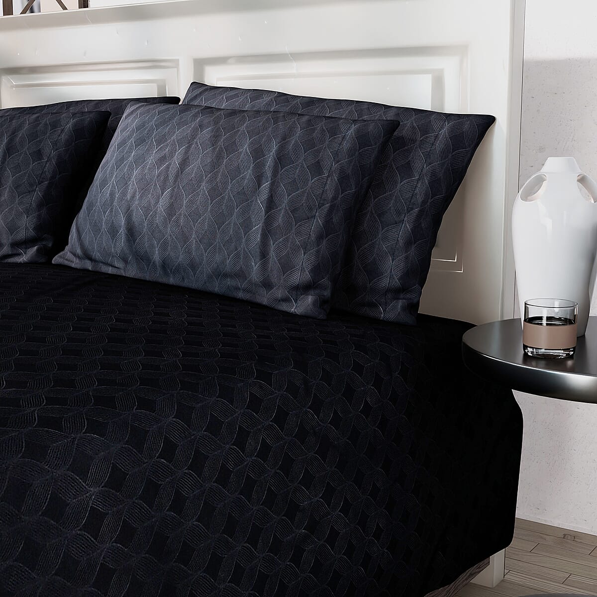 HOMESMART Black Embossed 6pcs Polyester Sheet Set - King , Bed Sheets , Fitted Sheet , Bed Sheet Set , Microfiber Sheets image number 1