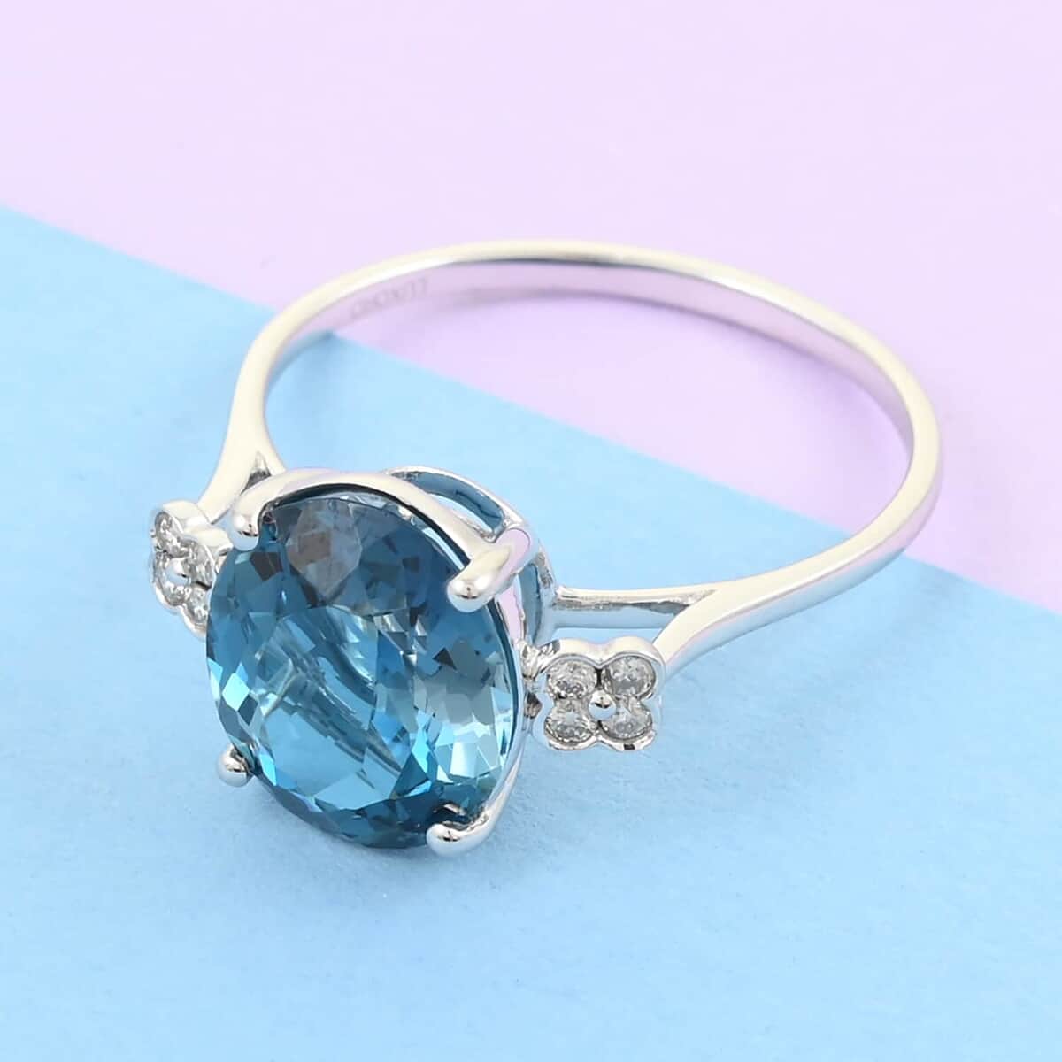 Certified Luxoro AAA London Blue Topaz and G-H I1 Diamond 6.00 ctw Ring in 10K White Gold (Size 6.0) image number 1