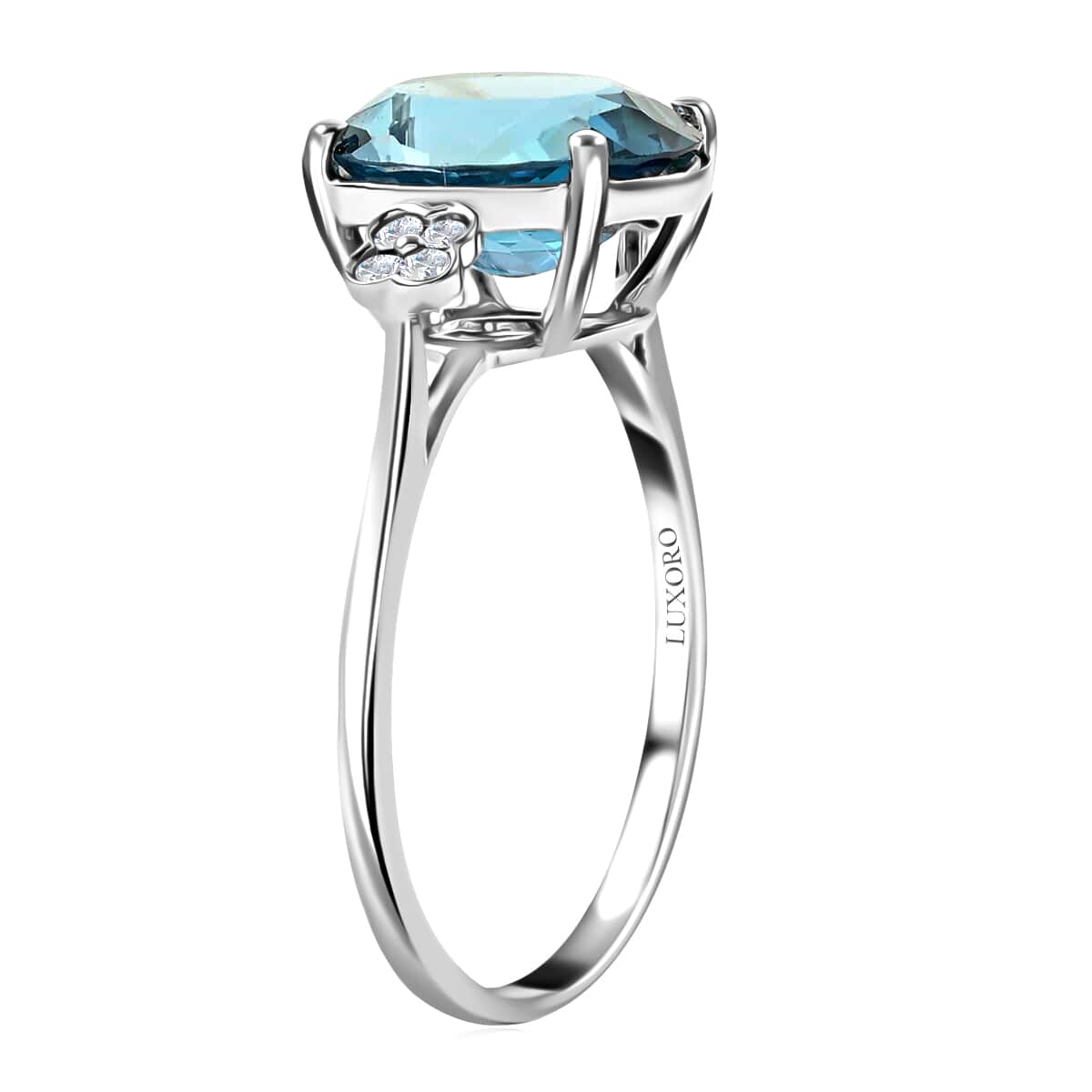 Certified and Appraised Luxoro AAA London Blue Topaz and G-H I1 Diamond 6.00 ctw Ring in 10K White Gold (Size 6.0) image number 3