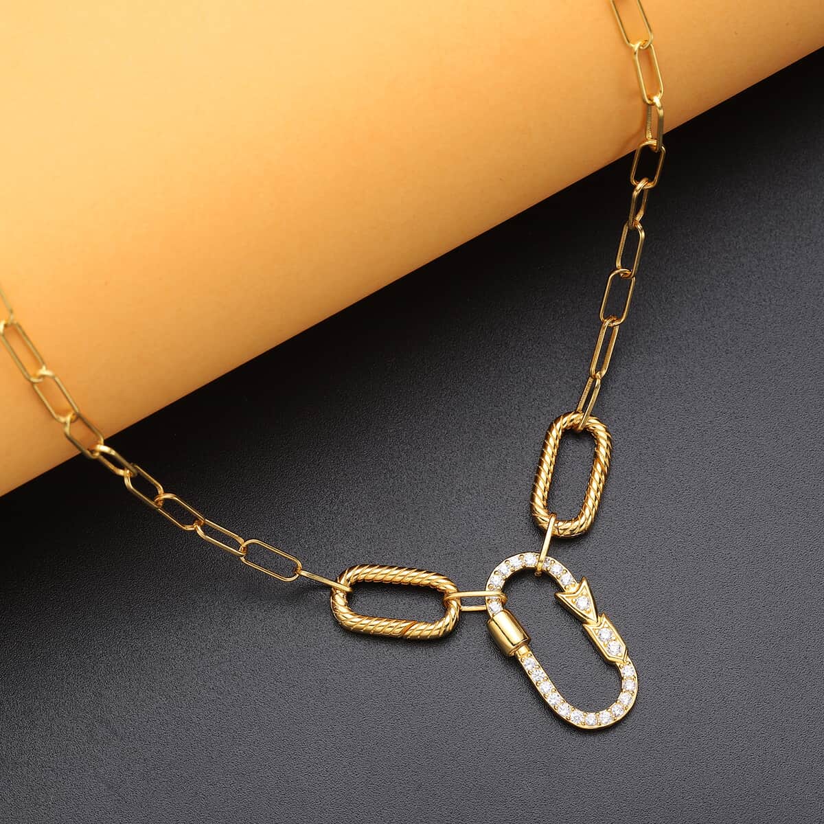 Oval Shape Multi Charm Enhancer Paper Clip Necklace 18In with Simulated Diamond in 14K YG Over Sterling Silver 0.65 ctw image number 1
