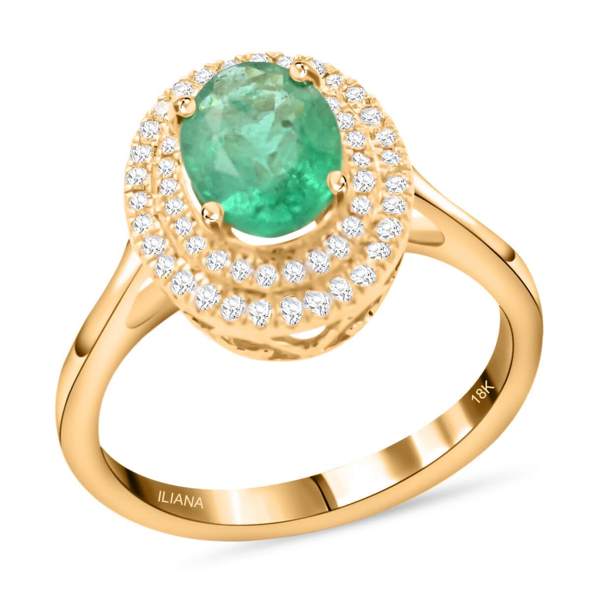ILIANA 18K Yellow Gold AAA Kagem Zambian Emerald and G-H SI Diamond Double Halo Ring 4.30 Grams 1.50 ctw image number 0