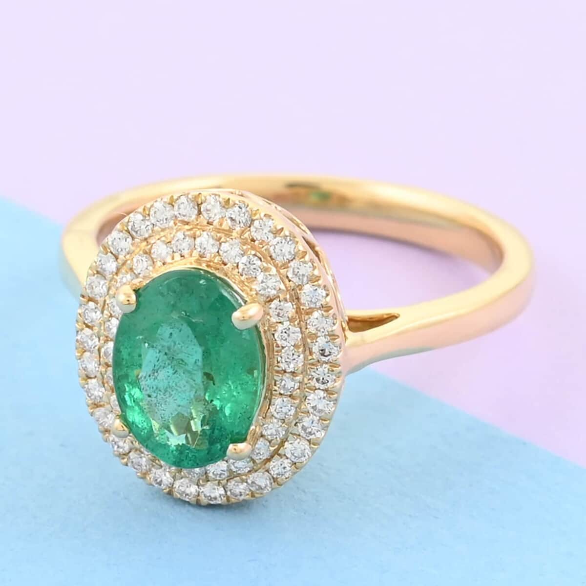 ILIANA 18K Yellow Gold AAA Kagem Zambian Emerald and G-H SI Diamond Double Halo Ring 4.30 Grams 1.50 ctw image number 1