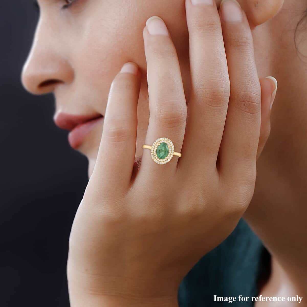 ILIANA 18K Yellow Gold AAA Kagem Zambian Emerald and G-H SI Diamond Double Halo Ring 4.30 Grams 1.50 ctw image number 2