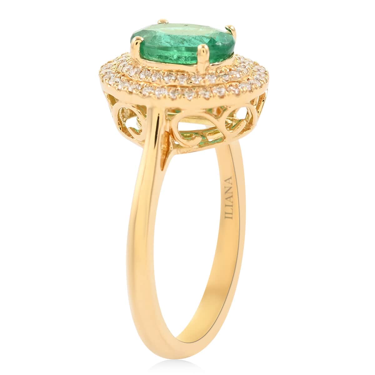 ILIANA 18K Yellow Gold AAA Kagem Zambian Emerald and G-H SI Diamond Double Halo Ring 4.30 Grams 1.50 ctw image number 3