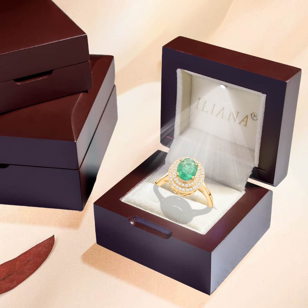 ILIANA 18K Yellow Gold AAA Kagem Zambian Emerald and G-H SI Diamond Double Halo Ring 4.30 Grams 1.50 ctw image number 6