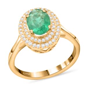 One Of A Kind Certified and Appraised Iliana 18K Yellow Gold AAA Kagem Zambian Emerald and G-H SI Diamond Double Halo Ring (Size 6.0) 4.30g 1.50 ctw