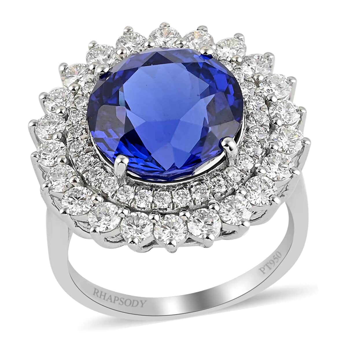 RHAPSODY 950 Platinum AAAA Tanzanite and E-F VS Diamond Double Halo Ring (Size 7.0) 15.25 Grams 14.50 ctw image number 0