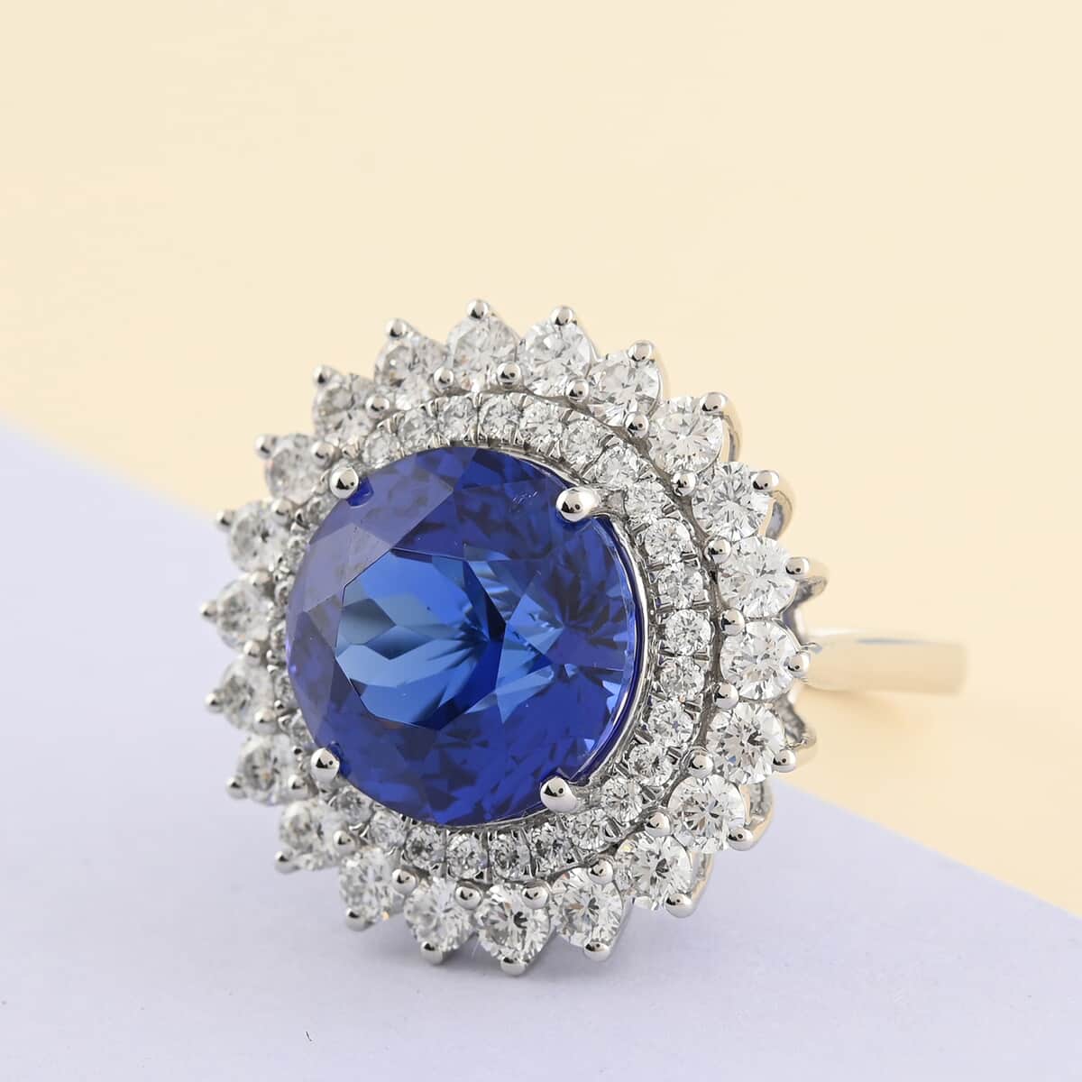 RHAPSODY 950 Platinum AAAA Tanzanite and E-F VS Diamond Double Halo Ring (Size 7.0) 15.25 Grams 14.50 ctw image number 1