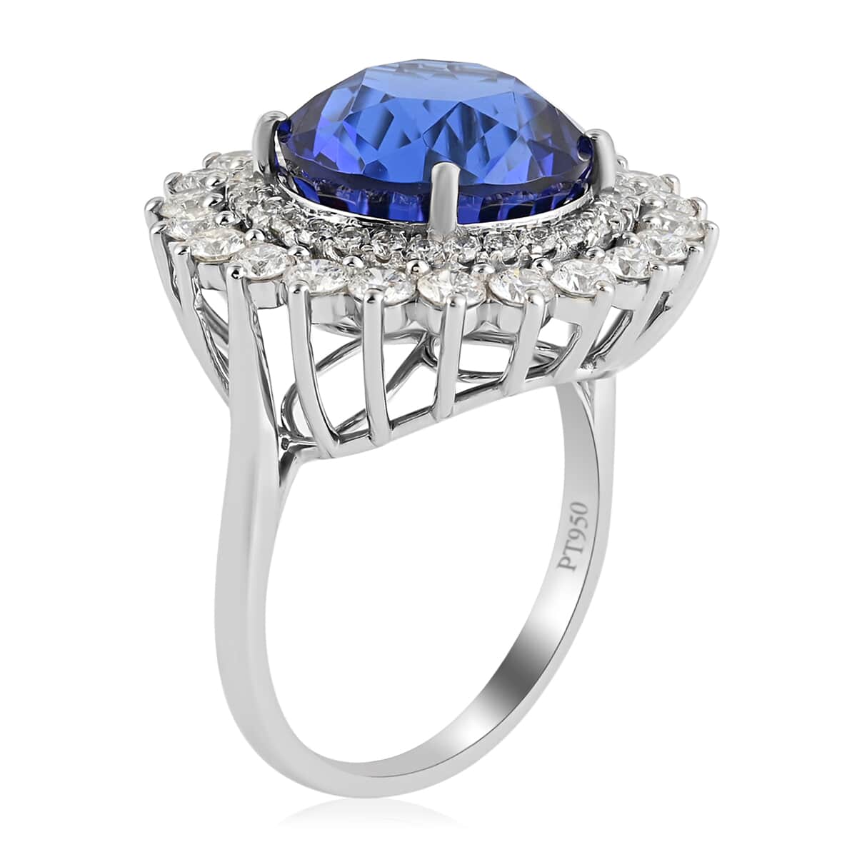 RHAPSODY 950 Platinum AAAA Tanzanite and E-F VS Diamond Double Halo Ring (Size 7.0) 15.25 Grams 14.50 ctw image number 3