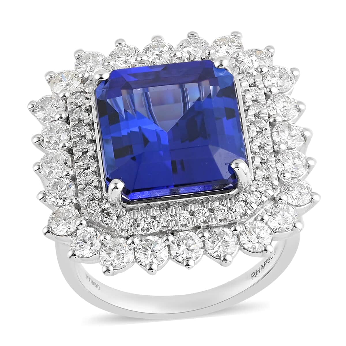RHAPSODY 950 Platinum AAAA Tanzanite and E-F VS Diamond Double Halo Ring (Size 7.0) 14.75 Grams 14.25 ctw image number 0