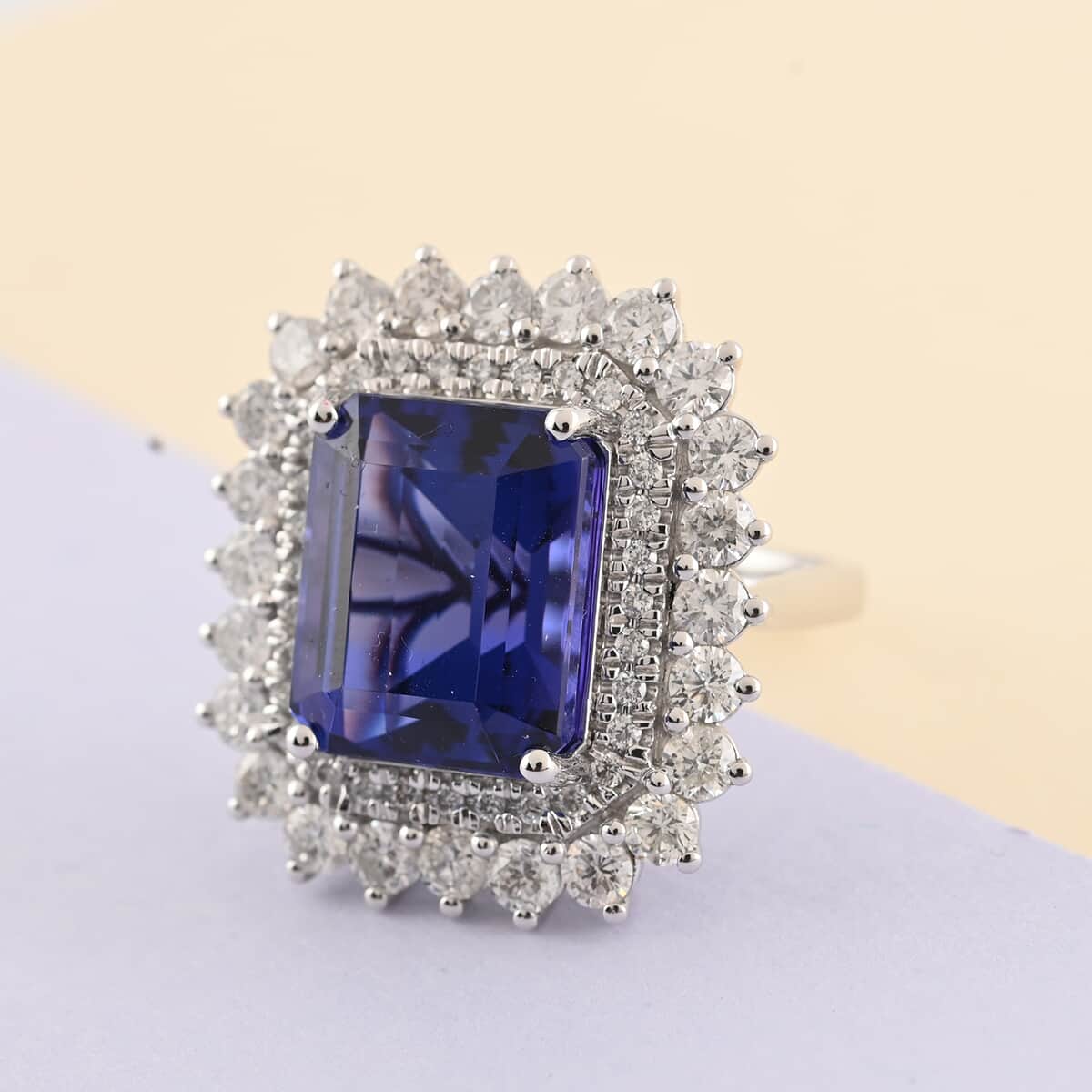 RHAPSODY 950 Platinum AAAA Tanzanite and Diamond E-F VS Double Halo Ring 14.75 Grams 14.25 ctw image number 1