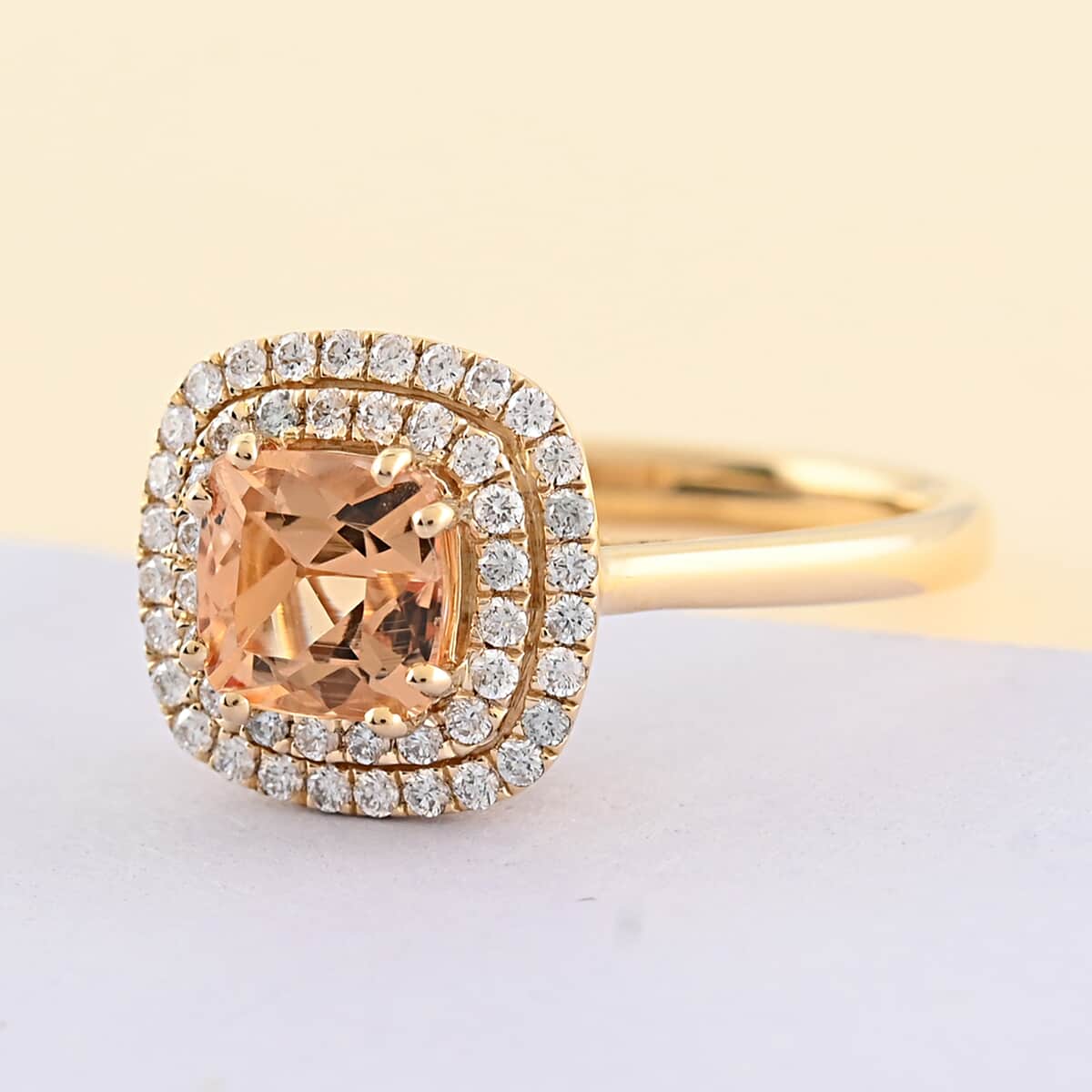 Iliana 18K Yellow Gold AAA Natural Imperial Topaz and G-H SI Diamond Double Halo Ring (Size 6.0) 3.50 Grams 1.50 ctw image number 1