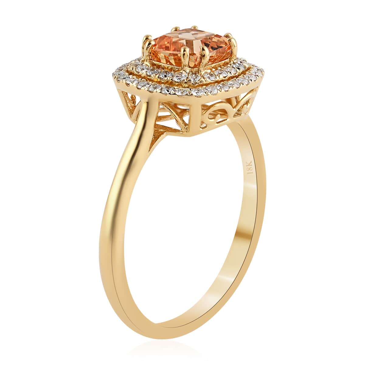 Iliana 18K Yellow Gold AAA Natural Imperial Topaz and G-H SI Diamond Double Halo Ring (Size 6.0) 3.50 Grams 1.50 ctw image number 3