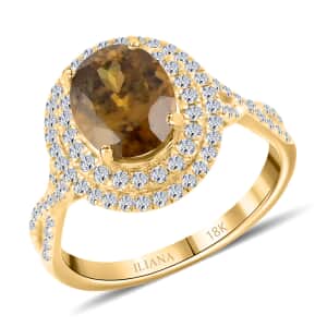 Iliana 18K Yellow Gold AAA Sava Sphene and G-H SI Diamond Double Halo Ring (Size 10.0) 2.90 ctw