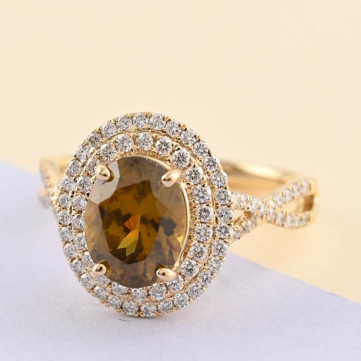 ILIANA 18K Yellow Gold AAA Sava Sphene and Diamond G-H SI Double Halo Ring 3.90 Grams 2.90 ctw image number 1