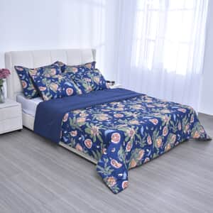 Homesmart Blue Digital Floral Printed Polyester 5pcs Comforter Set - Queen