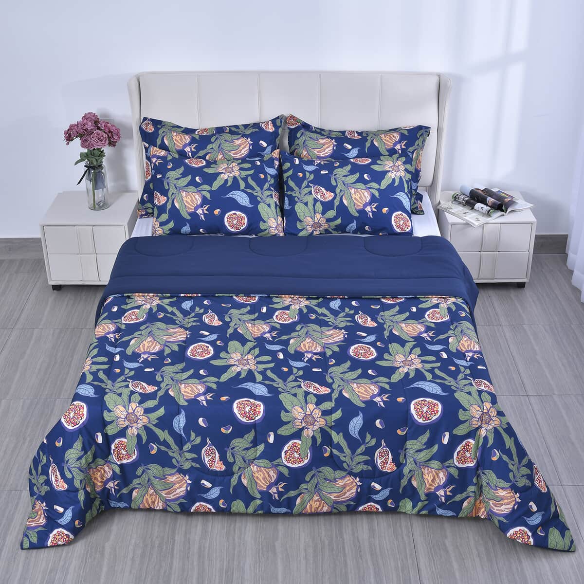 HOMESMART Blue Digital Floral Printed Microfiber 5pcs Comforter Set - Queen image number 1