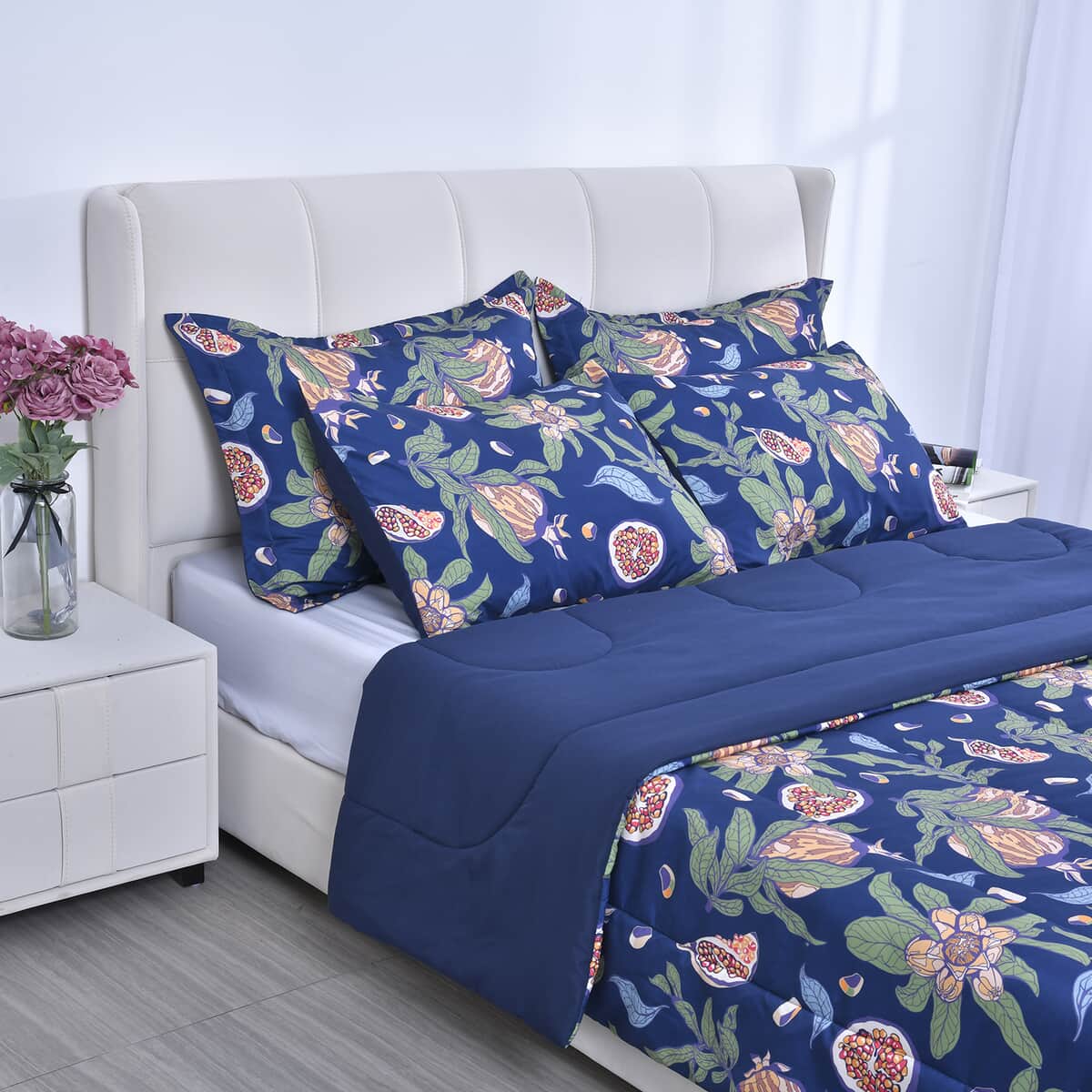 HOMESMART Blue Digital Floral Printed Microfiber 5pcs Comforter Set - Queen image number 2