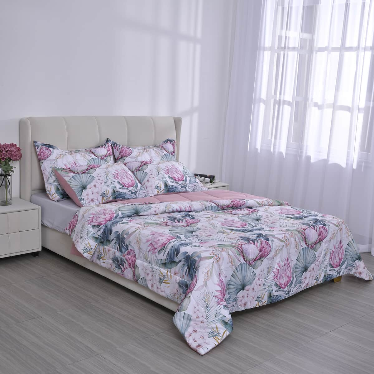 Homesmart Pink Digital Floral Printed Polyester 5pcs Comforter Set - King image number 0