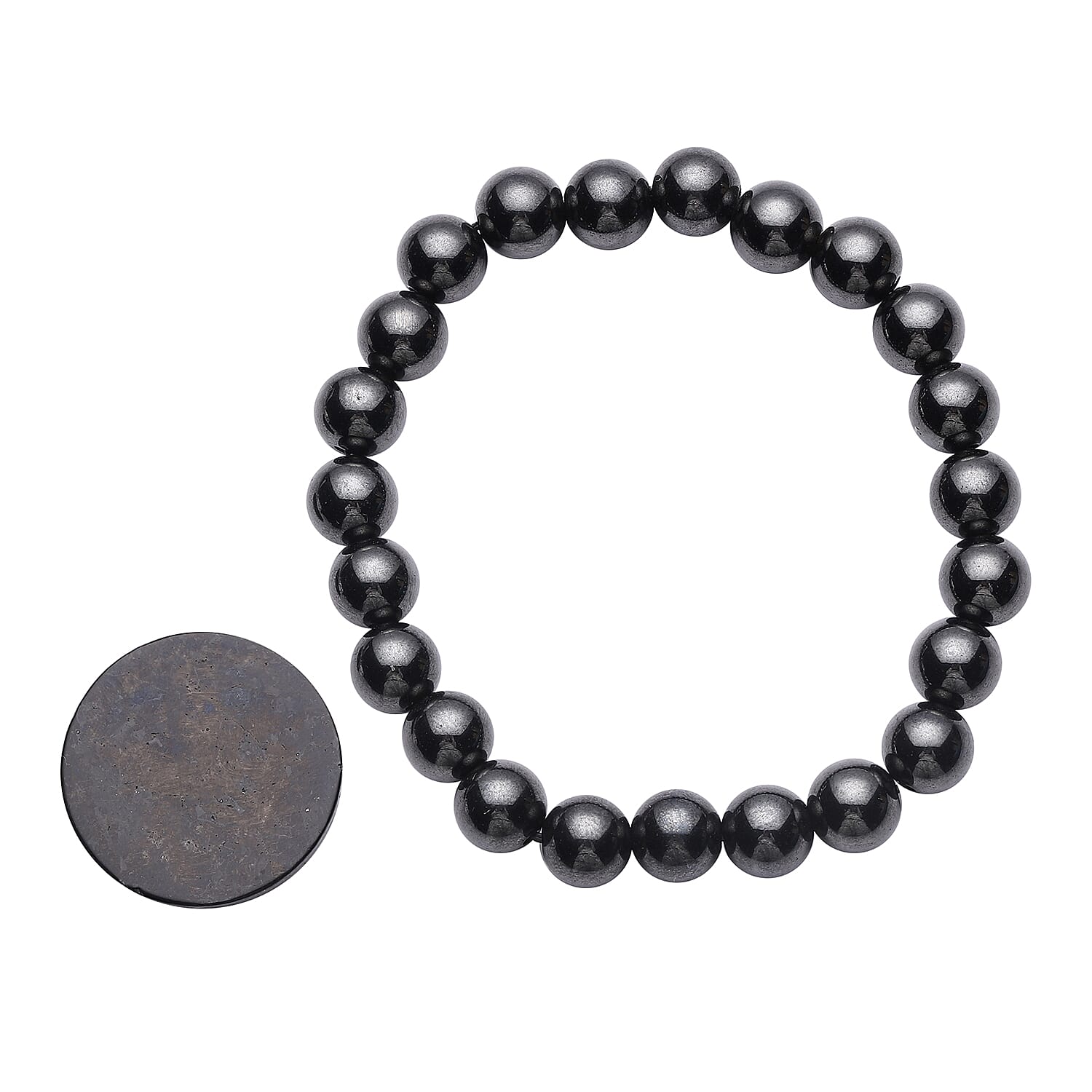 Shungite (Rnd 25 mm) Phone Sticker and Hematite Beaded Stretch Bracelet 171.00 ctw