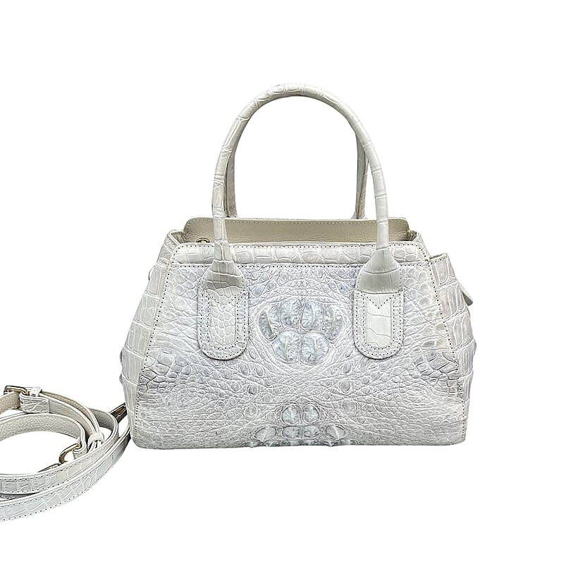 Grand Pelle Genuine Crocodile Leather Natural White Trapezoid-shaped Tote Bag with Detachable Shoulder Strap