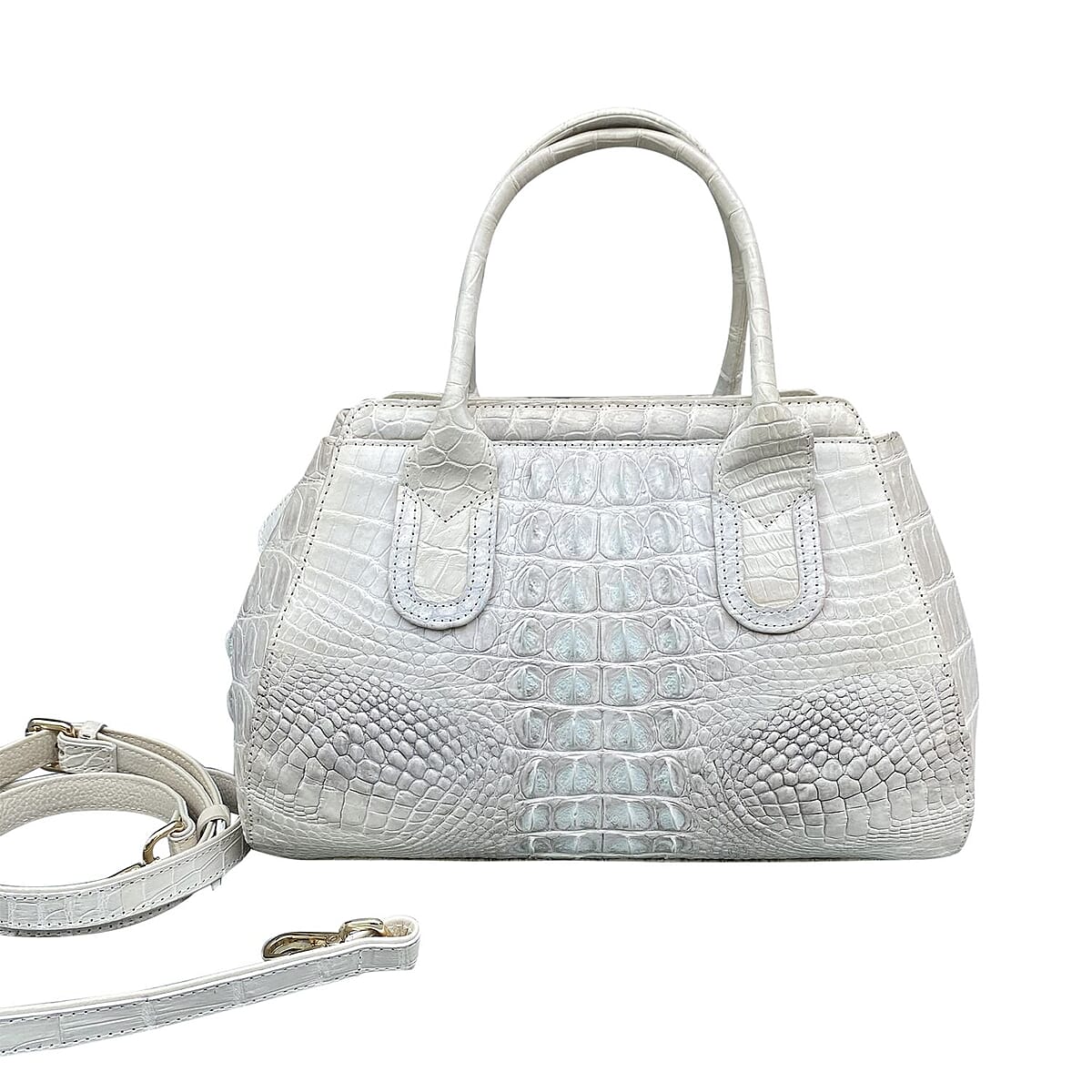 Grand Pelle Genuine Leather Natural White Trapezoid-shaped Tote Bag (12.6"x7.5"x6.3") with Detachable Shoulder Strap image number 1