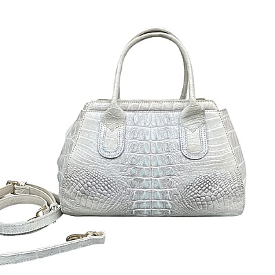 Grand Pelle Genuine Crocodile Leather Natural White Trapezoid-shaped Tote Bag with Detachable Shoulder Strap