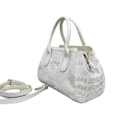 Grand Pelle Genuine Crocodile Leather Natural White Trapezoid-shaped Tote Bag with Detachable Shoulder Strap