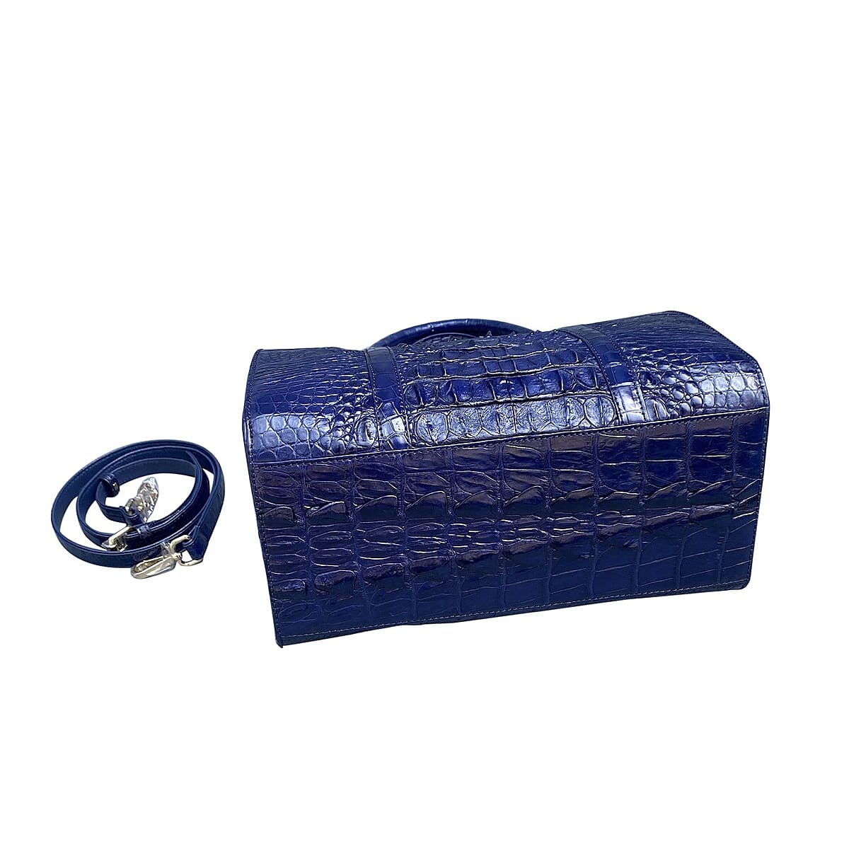 Grand Pelle Genuine Crocodile Leather Navy Trapezoid-shaped Tote Bag with Detachable Shoulder Strap image number 2