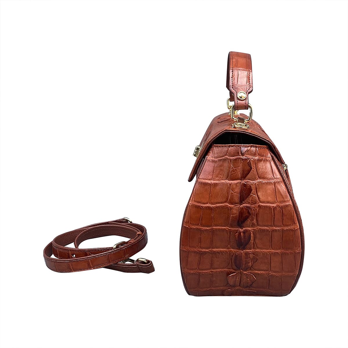 Grand Pelle Genuine Crocodile Leather Brown Tote Bag with Detachable Shoulder Strap image number 3