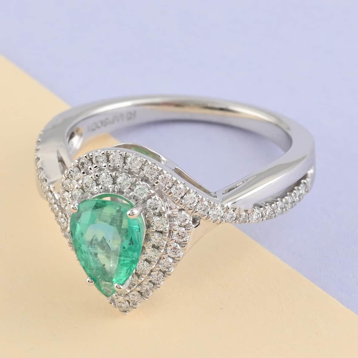 RHAPSODY 950 Platinum Certified & Appraised AAAA Boyaca Colombian Emerald and Diamond E-F VS Ring (Size 6.0) 6.80 Grams 1.20 ctw image number 1