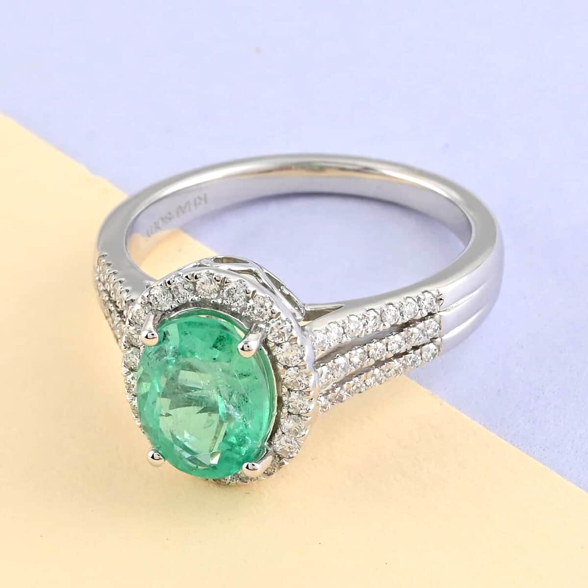 Certified & Appraised RHAPSODY 950 Platinum AAAA Boyaca Colombian Emerald and E-F VS Diamond Ring (Size 7.0) 6.40 Grams 2.10 ctw image number 1