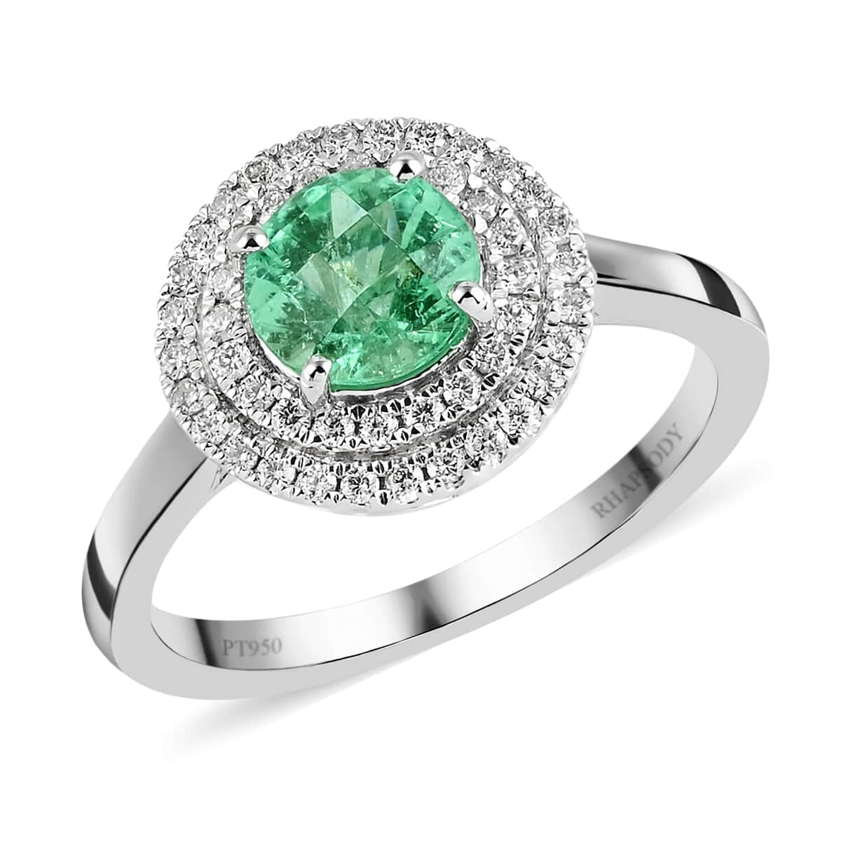 Certified & Appraised RHAPSODY 950 Platinum AAAA Boyaca Colombian Emerald and E-F VS Diamond Double Halo Ring 5.30 Grams 1.20 ctw image number 0