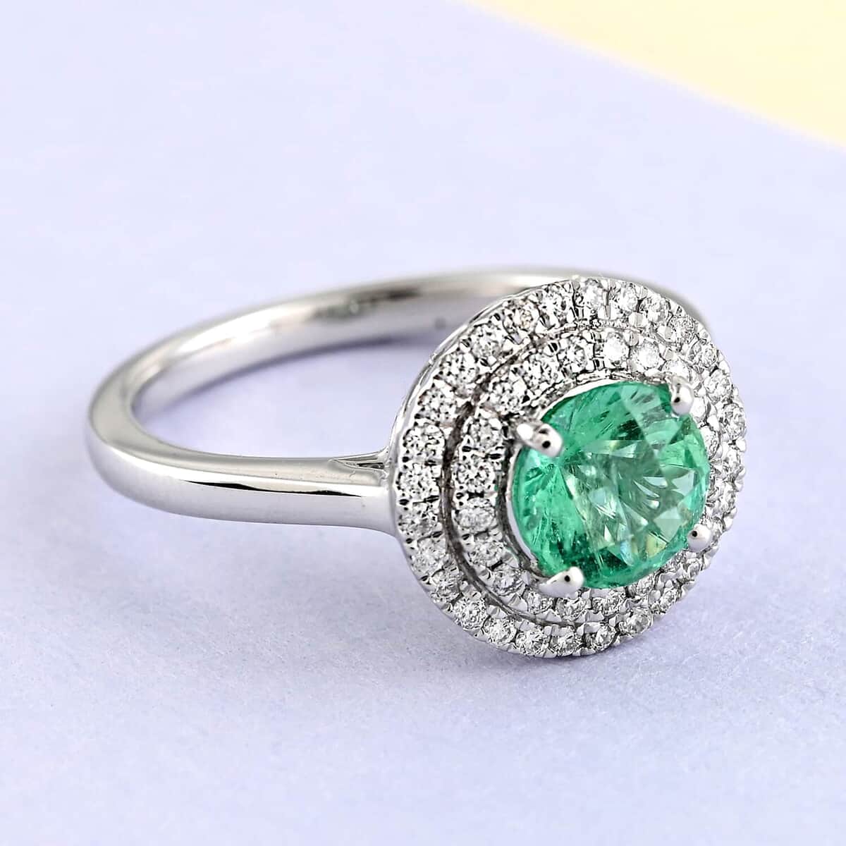 Certified & Appraised RHAPSODY 950 Platinum AAAA Boyaca Colombian Emerald and E-F VS Diamond Double Halo Ring 5.30 Grams 1.20 ctw image number 1