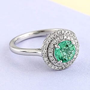 Certified & Appraised Rhapsody 950 Platinum AAAA Boyaca Colombian Emerald and E-F VS Diamond Double Halo Ring (Size 6.0) 5.30 Grams 1.20 ctw