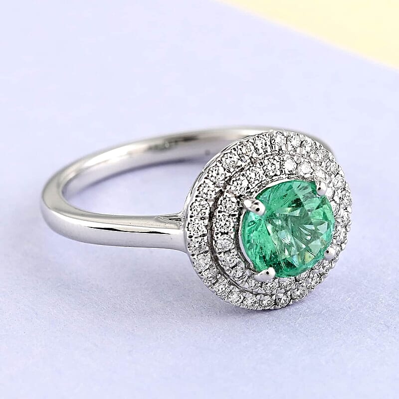 Certified & Appraised Rhapsody 950 Platinum AAAA Boyaca Colombian Emerald and E-F VS Diamond Double Halo Ring (Size 6.0) 5.30 Grams 1.20 ctw