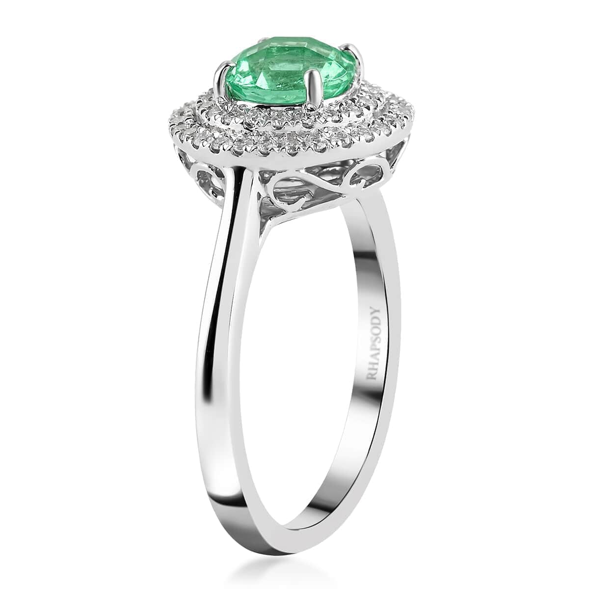 Certified & Appraised RHAPSODY 950 Platinum AAAA Boyaca Colombian Emerald and E-F VS Diamond Double Halo Ring 5.30 Grams 1.20 ctw image number 3