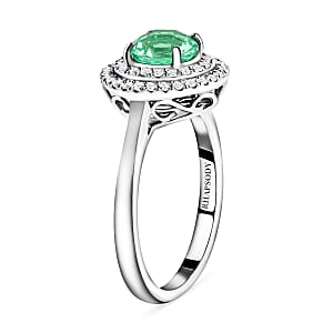 Certified & Appraised Rhapsody 950 Platinum AAAA Boyaca Colombian Emerald and E-F VS Diamond Double Halo Ring (Size 7.0) 5.30 Grams 1.20 ctw