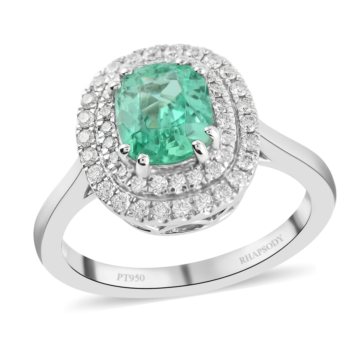 Certified & Appraised Rhapsody AAAA Boyaca Colombian Emerald and E-F VS Diamond 1.40 ctw Double Halo Ring in 950 Platinum (Size 6.0) 6.90 Grams  image number 0