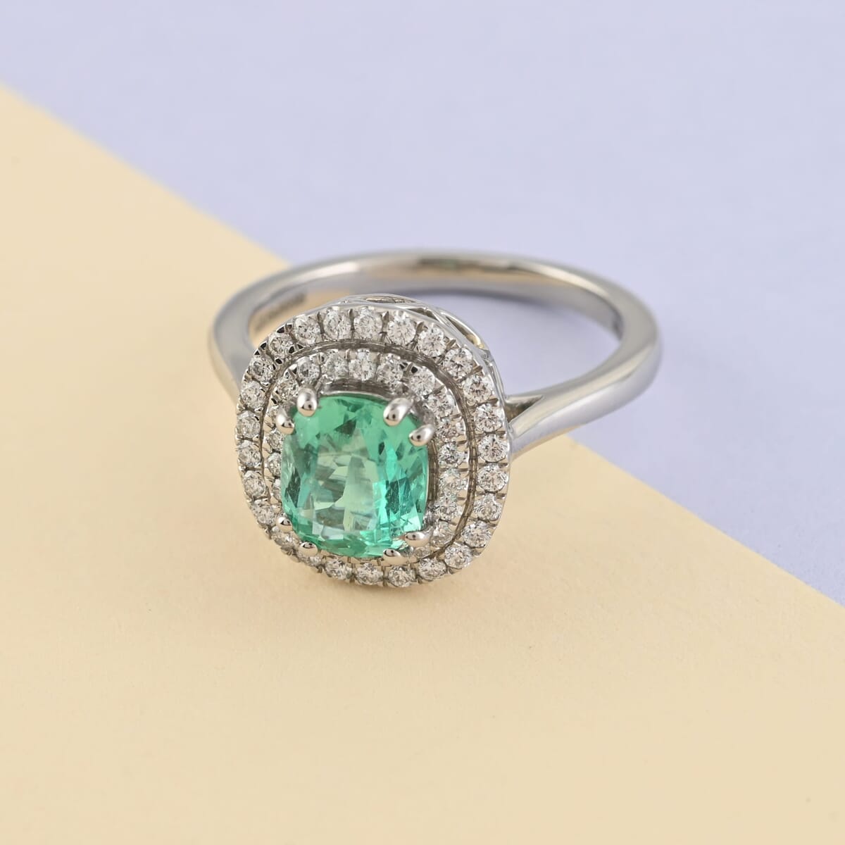 Certified & Appraised Rhapsody AAAA Boyaca Colombian Emerald and E-F VS Diamond 1.40 ctw Double Halo Ring in 950 Platinum (Size 6.0) 6.90 Grams  image number 1
