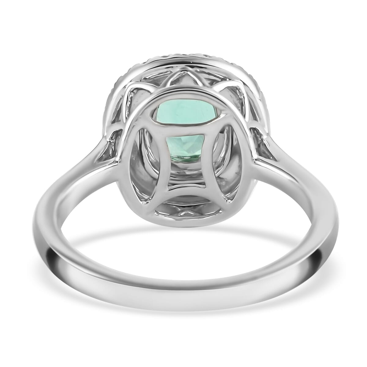 Certified & Appraised Rhapsody AAAA Boyaca Colombian Emerald and E-F VS Diamond 1.40 ctw Double Halo Ring in 950 Platinum (Size 6.0) 6.90 Grams  image number 4