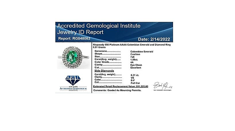 Certified & Appraised Rhapsody AAAA Boyaca Colombian Emerald and E-F VS Diamond 1.40 ctw Double Halo Ring in 950 Platinum (Size 6.0) 6.90 Grams 