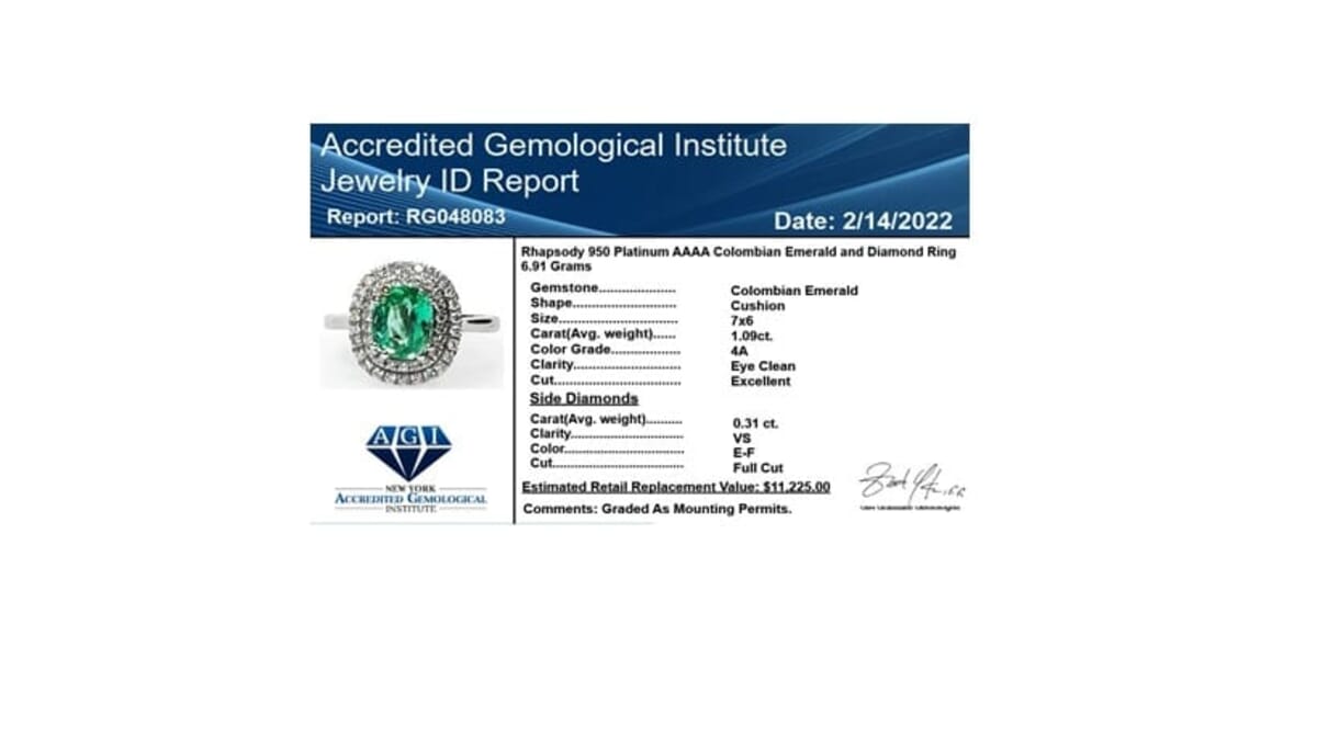 Certified & Appraised Rhapsody AAAA Boyaca Colombian Emerald and E-F VS Diamond 1.40 ctw Double Halo Ring in 950 Platinum (Size 6.0) 6.90 Grams  image number 6