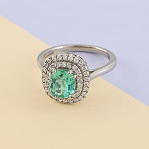 Certified & Appraised Rhapsody AAAA Boyaca Colombian Emerald and E-F VS Diamond 1.40 ctw Double Halo Ring in 950 Platinum (Size 8.0) 6.90 Grams 