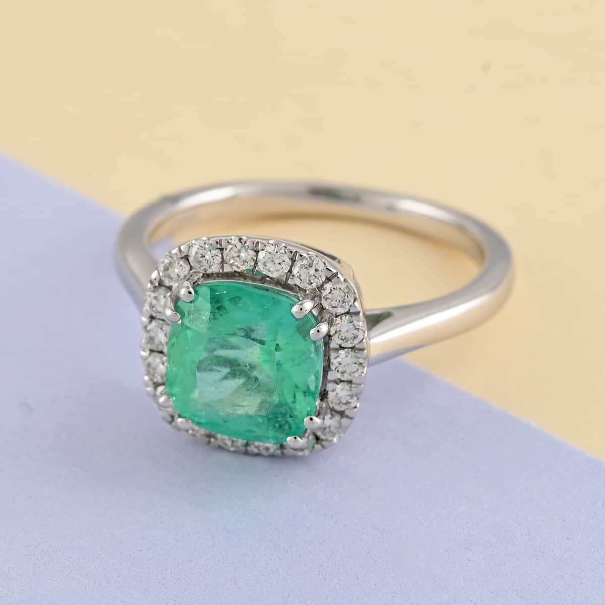 Certified Rhapsody 950 Platinum AAAA Boyaca Colombian Emerald and E-F VS Diamond Halo Ring (Size 7.0) 6 Grams 3.00 ctw image number 1