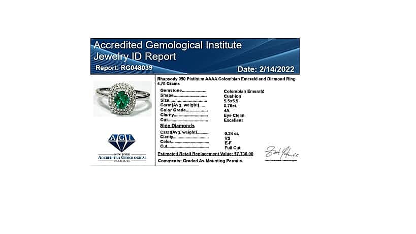  Certified & Appraised Rhapsody AAAA Boyaca Colombian Emerald and E-F VS Diamond 1.00 ctw Double Ring in 950 Platinum (Size 6.0) 4.75 Grams 