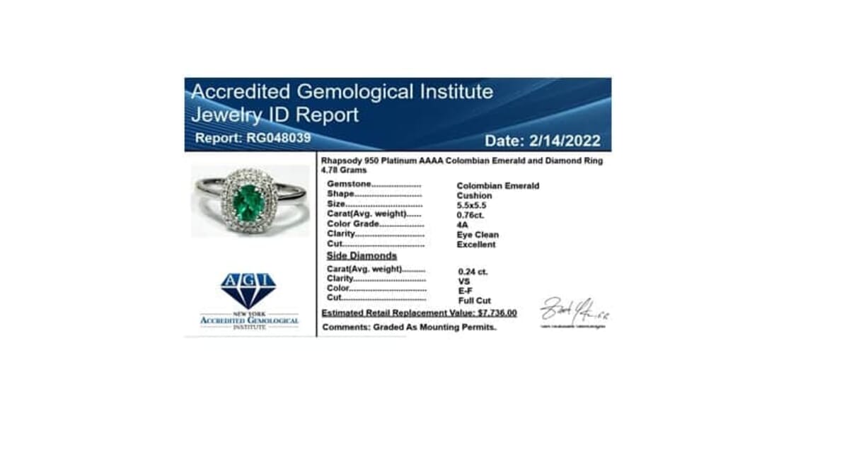 Certified & Appraised Rhapsody 950 Platinum AAAA Boyaca Colombian Emerald, Diamond (E-F, VS) (0.25 cts) Double Ring (Size 6.0) (4.75 g) 1.00 ctw image number 6