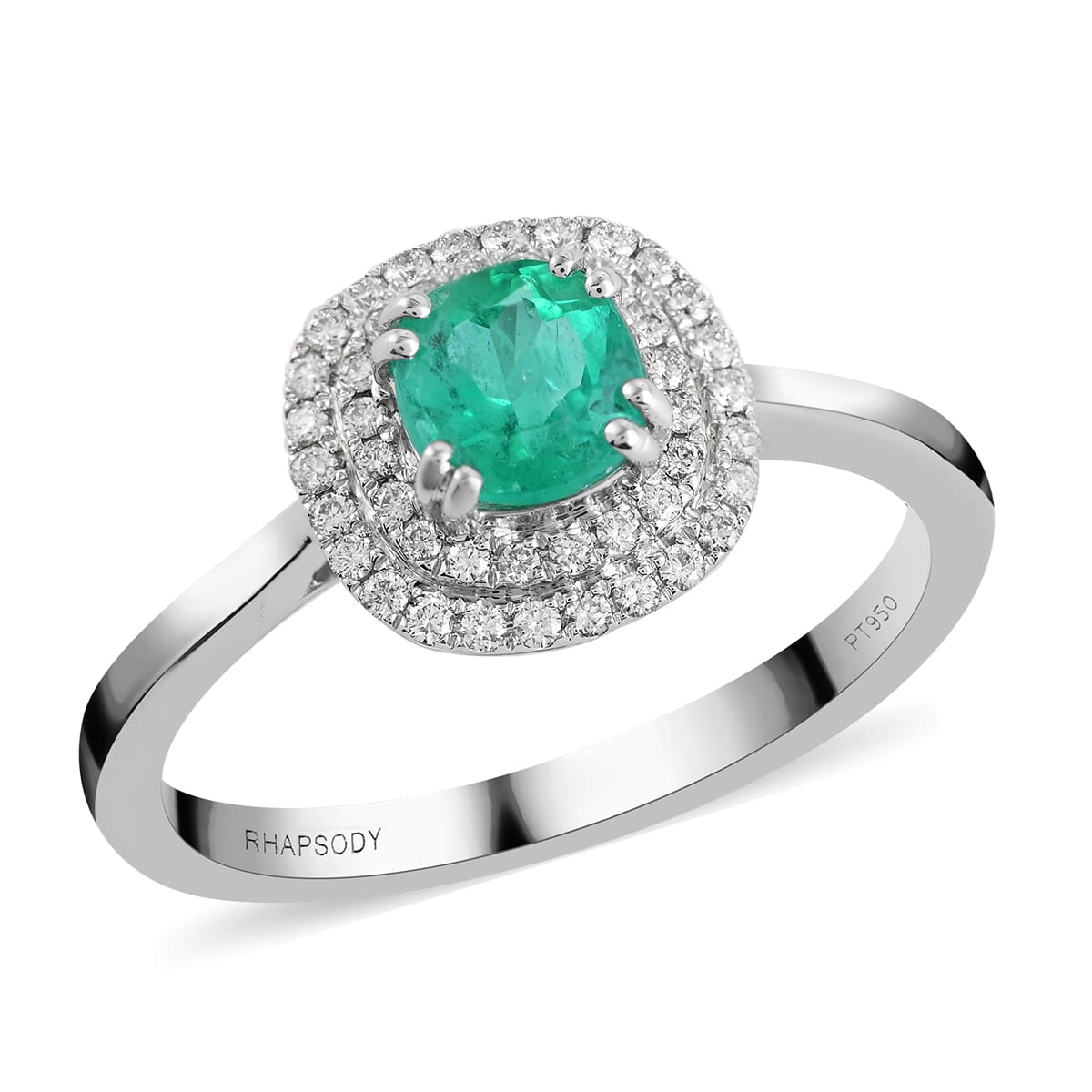 One Of A Kind Certified & Appraised Rhapsody 950 Platinum AAAA Boyaca Colombian Emerald, Diamond (E-F, VS) (0.25 cts) Double Ring (Size 7.0) (4.75 g) 1.00 ctw image number 0