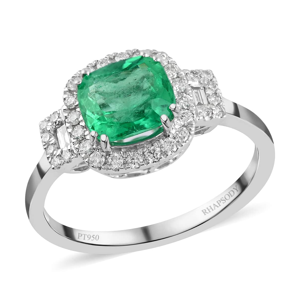 Certified Rhapsody 950 Platinum AAAA Colombian Emerald and E-F VS Diamond Halo Ring (Size 6.0) 4.60 Grams 1.75 ctw image number 0